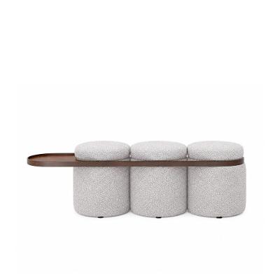 Puff Linen 3 Lugares Redondo Espuma Fibra Sintética Cinza com Mesa Auxiliar Casa do Puff