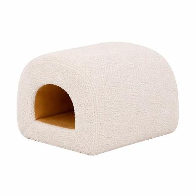 Puff Fluxo Orgânico Assento Espuma Soft Revestimento Boucle Off White e Courino Caramelo Sallar Home