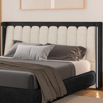 Cabeceira King Yeon com LED Madeira Eucalipto Courino e Linho Preto Sallar Home