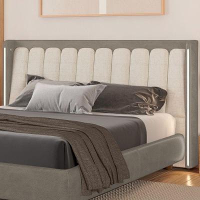 Cabeceira Yeon King com Led Madeira Maciça em Facto e Linho Cinza e Off White Sallar Home