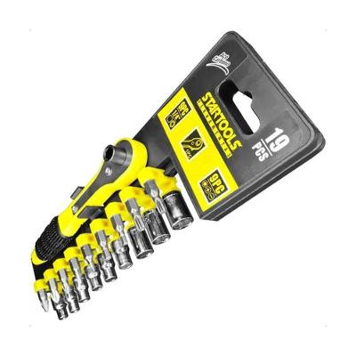 Kit Chave Catraca Reversível 19 Peças Soquete Canhão e Bits para Manutenção com Cabo Ergonômico