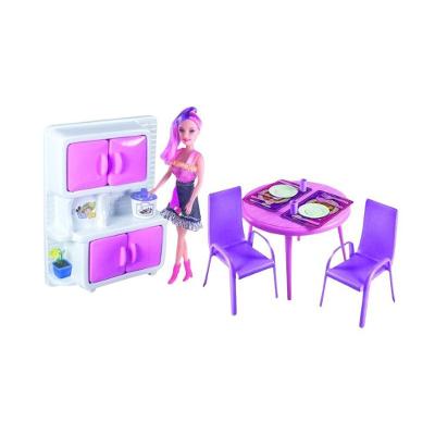 Kit Cozinha Infantil Rosa com Boneca Cadeira Mesa Armário e Utensílios Lua de Cristal