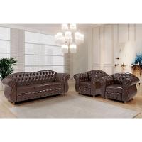 Conjunto 03 Peças Sofá E Poltronas Chesterfield Merlô Via Encanto Courano Marrom Pinhão - 2