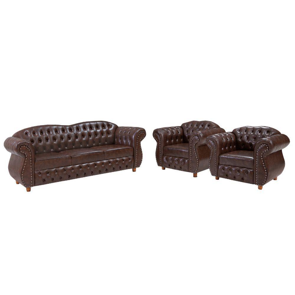Conjunto 03 Peças Sofá E Poltronas Chesterfield Merlô Via Encanto Courano Marrom Pinhão - 1