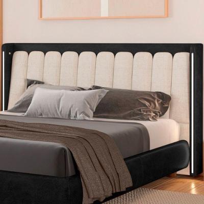 Cabeceira Queen Yeon com LED Madeira Eucalipto Courino Preto e Linho Off White Sallar Home