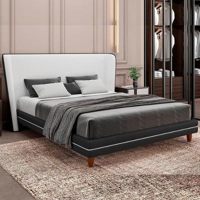 Cama Japonesa Casal Corea com Cabeceira em Courino Preto e Bouclê Suave Off White Madeira