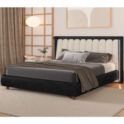 Cama Japonesa King Seo-yeon com Cabeceira em Led Madeira Eucalipto Courino Preto e Linho Off White