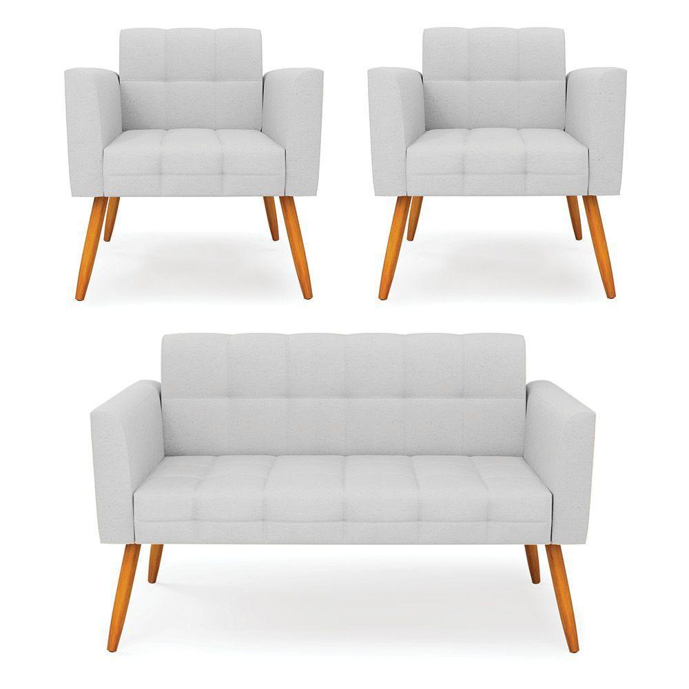 Kit 1 Sofá Namoradeira E 2 Poltronas Elisa Linho Pés Palito Castanho - D'rossi Cor A05 Cinza - 1