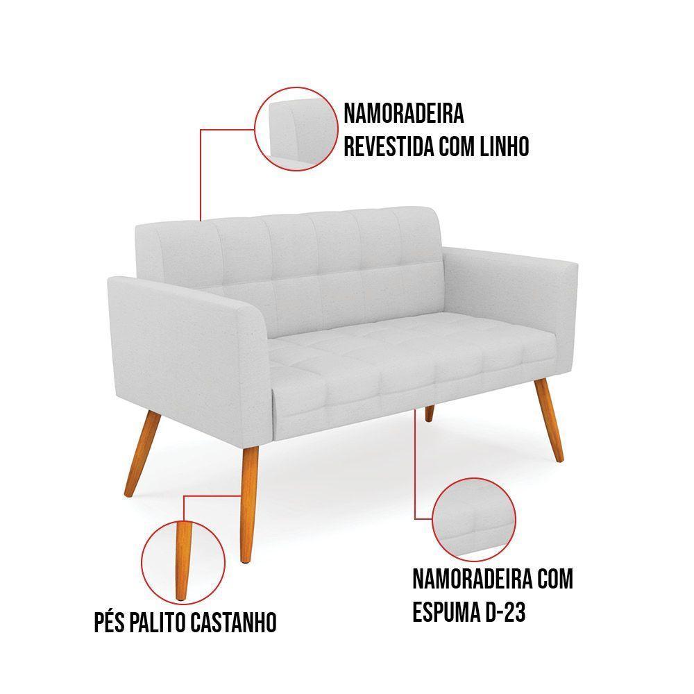 Kit 1 Sofá Namoradeira E 2 Poltronas Elisa Linho Pés Palito Castanho - D'rossi Cor A05 Cinza - 6