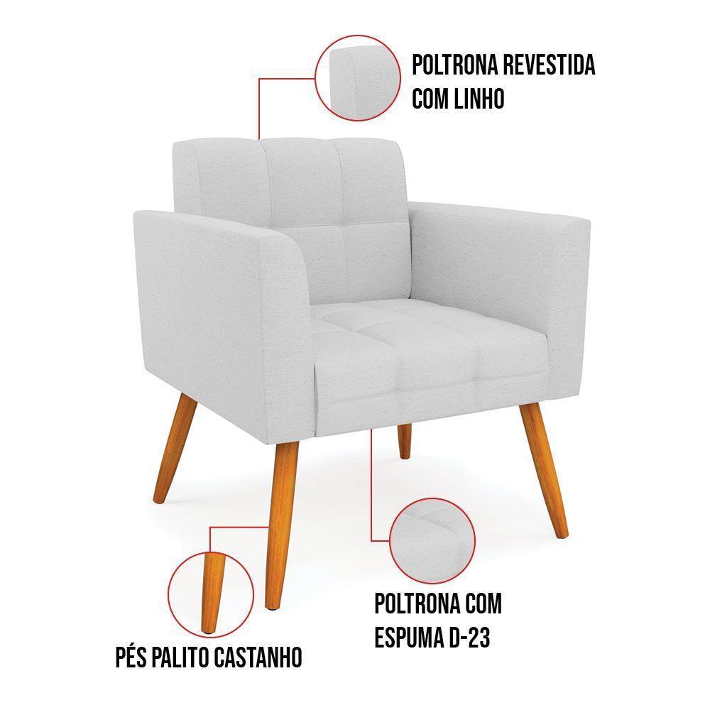 Kit 1 Sofá Namoradeira E 2 Poltronas Elisa Linho Pés Palito Castanho - D'rossi Cor A05 Cinza - 7