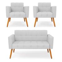 Kit 1 Sofá Namoradeira E 2 Poltronas Elisa Linho Pés Palito Castanho - D'rossi Cor A05 Cinza - 1