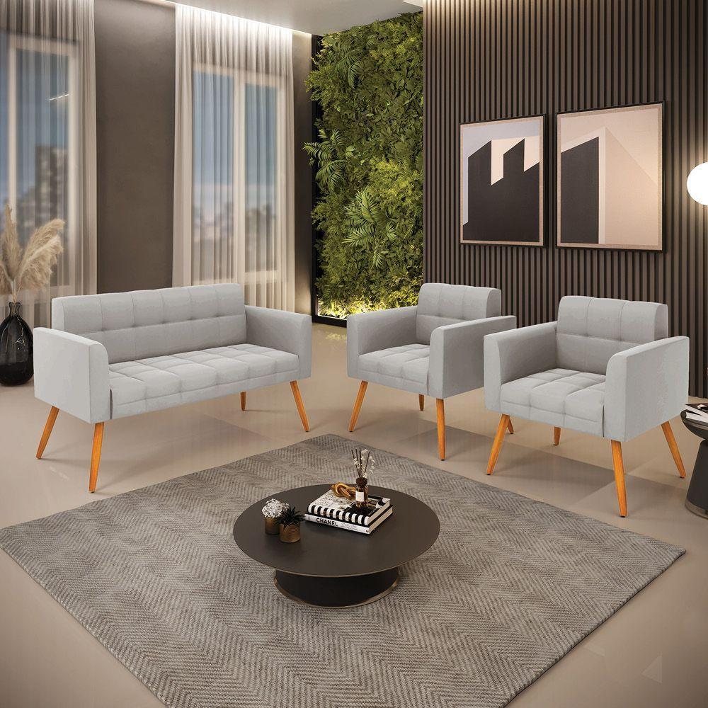 Kit 1 Sofá Namoradeira E 2 Poltronas Elisa Veludo Cinza Pés Palito Castanho - 5