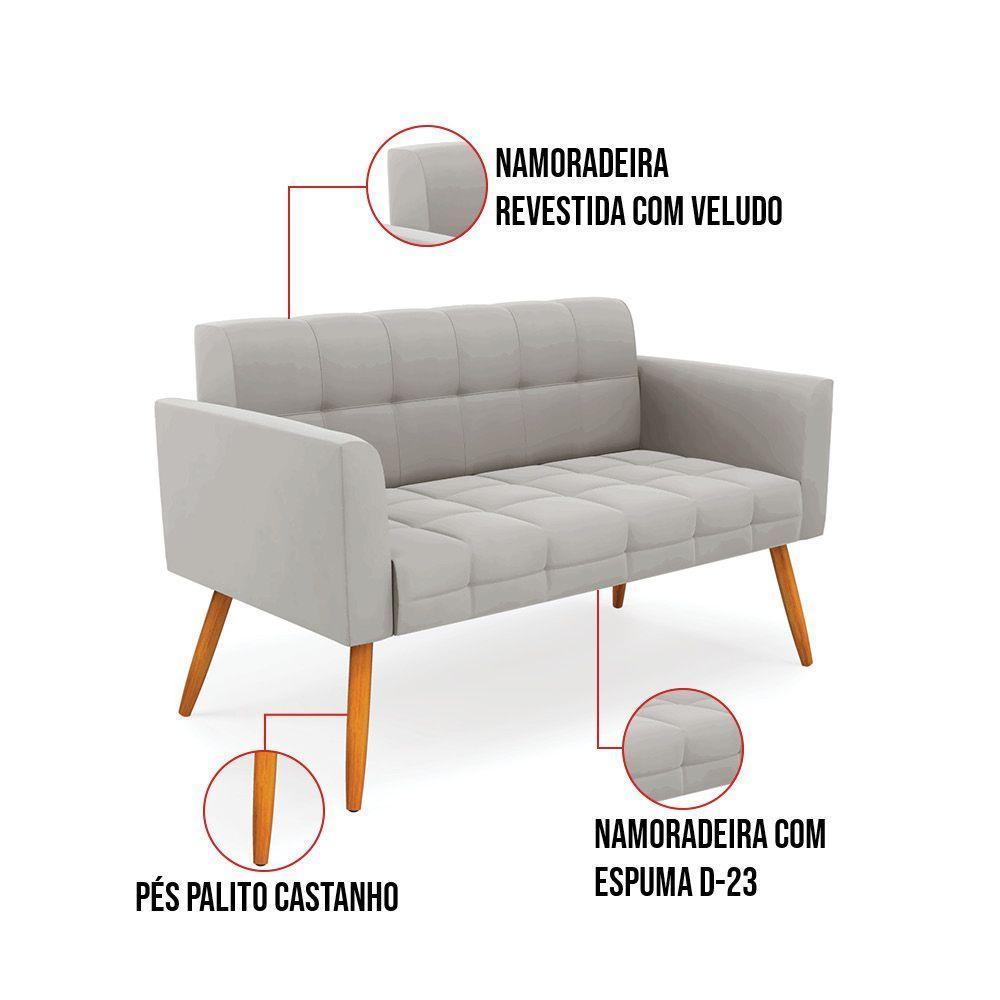 Kit 1 Sofá Namoradeira E 2 Poltronas Elisa Veludo Cinza Pés Palito Castanho - 6