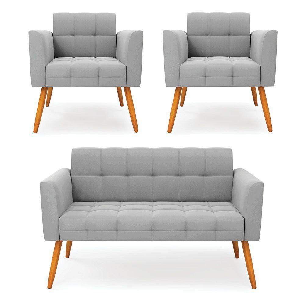Kit 1 Sofá Namoradeira E 2 Poltronas Elisa Suede Cinza Pés Palito Castanho - D'rossi - 1