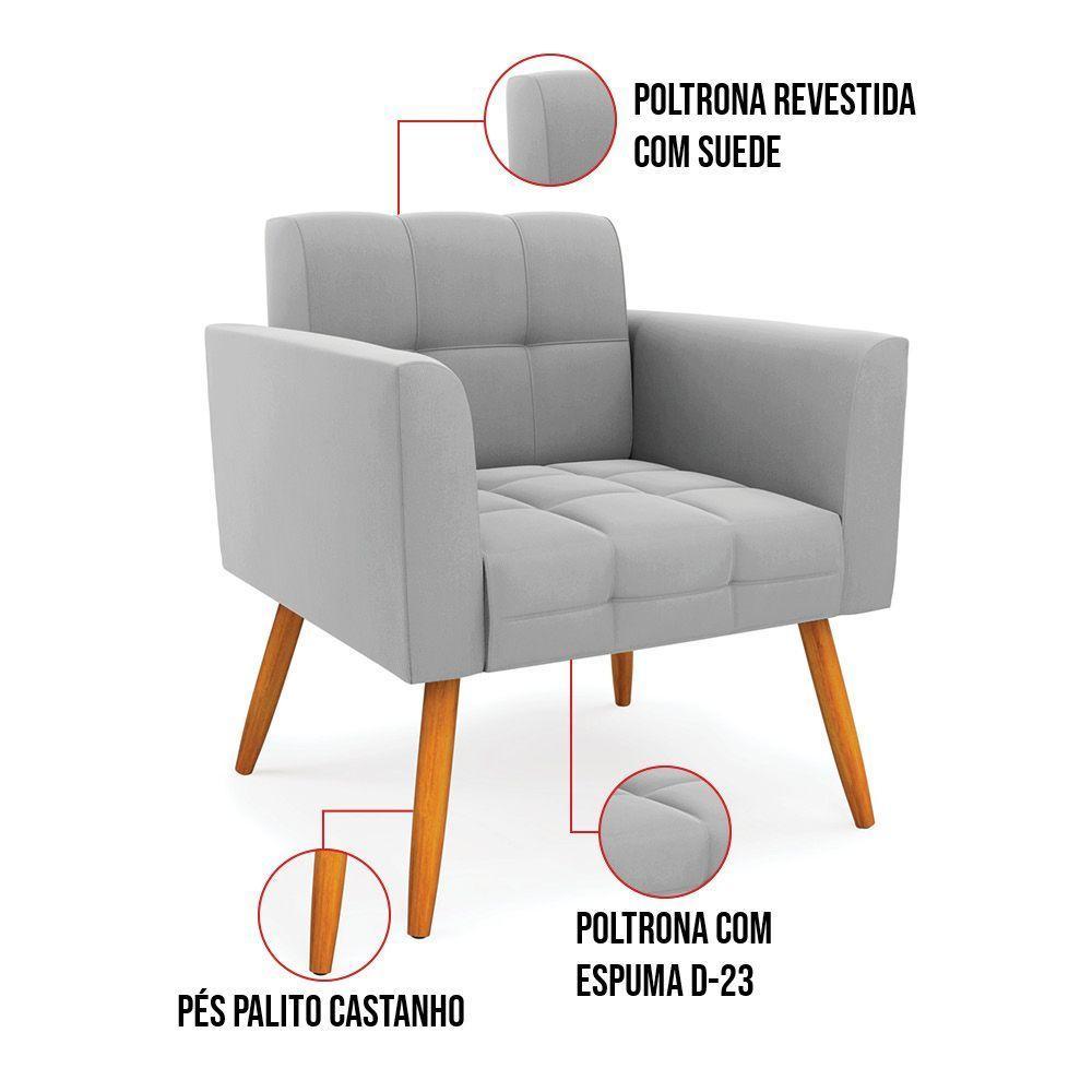 Kit 1 Sofá Namoradeira E 2 Poltronas Elisa Suede Cinza Pés Palito Castanho - D'rossi - 3