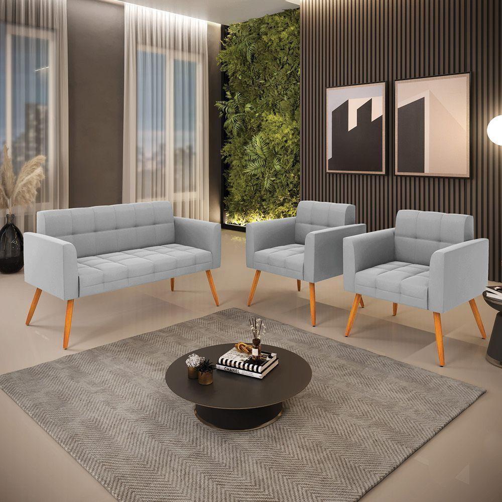 Kit 1 Sofá Namoradeira E 2 Poltronas Elisa Suede Cinza Pés Palito Castanho - D'rossi - 8