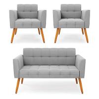 Kit 1 Sofá Namoradeira E 2 Poltronas Elisa Suede Cinza Pés Palito Castanho - D'rossi - 1