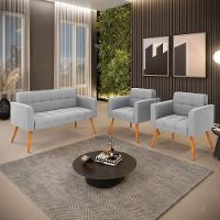 Kit 1 Sofá Namoradeira E 2 Poltronas Elisa Suede Cinza Pés Palito Castanho - D'rossi - 8