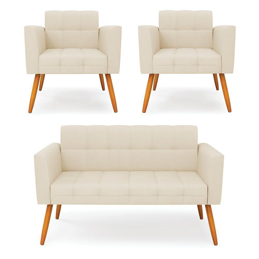 Kit 1 Sofá Namoradeira E 2 Poltronas Elisa Linho Pés Palito Castanho - D'rossi Cor A19 Bege - 1