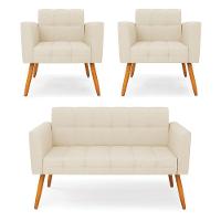 Kit 1 Sofá Namoradeira E 2 Poltronas Elisa Linho Pés Palito Castanho - D'rossi Cor A19 Bege - 1