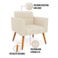 Kit 1 Sofá Namoradeira E 2 Poltronas Elisa Linho Pés Palito Castanho - D'rossi Cor A19 Bege - 5