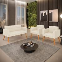 Kit 1 Sofá Namoradeira E 2 Poltronas Elisa Linho Pés Palito Castanho - D'rossi Cor A19 Bege - 7