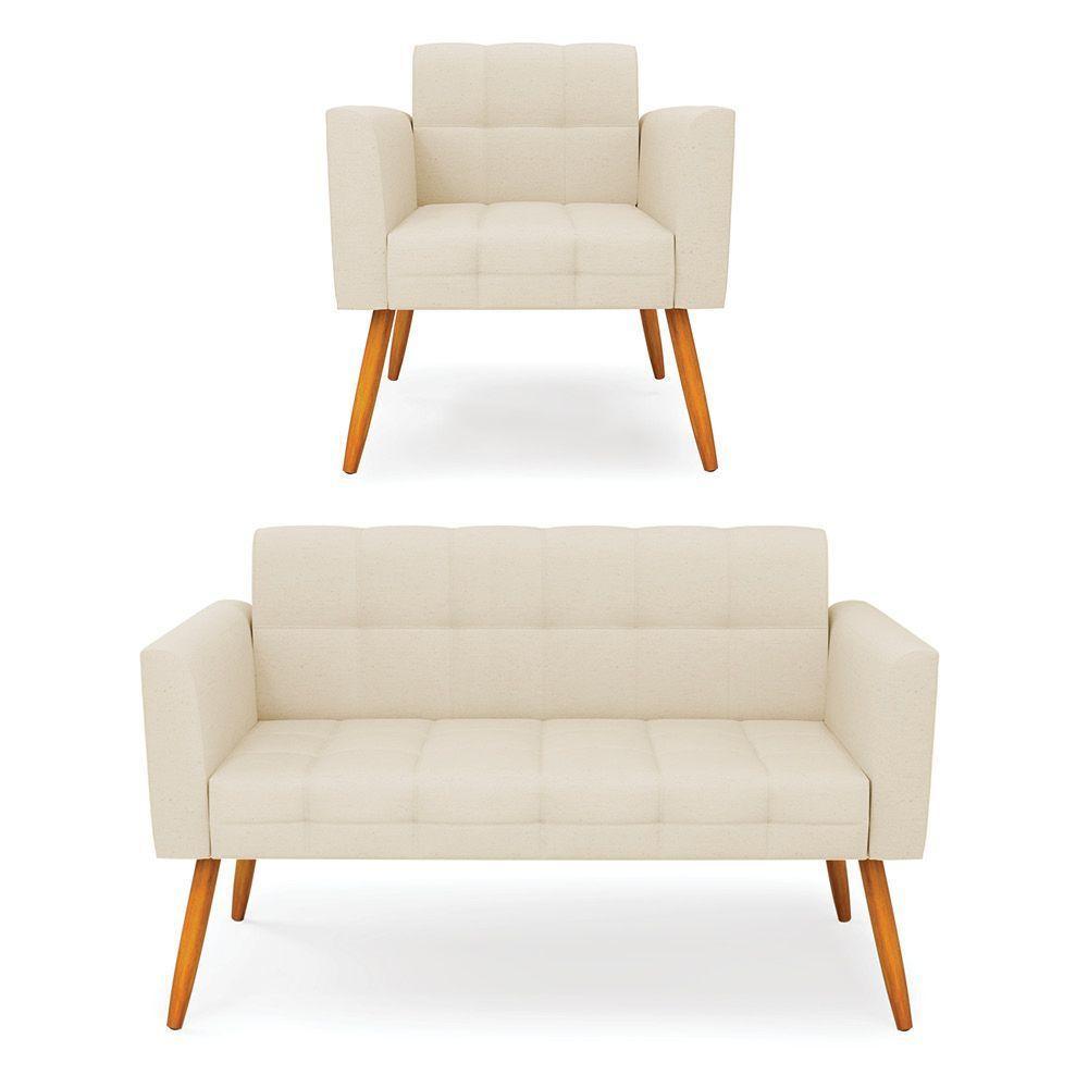Kit 1 Sofá Namoradeira E 1 Poltrona Elisa Linho Pés Palito Castanho - D'rossi Cor A19 Bege - 1