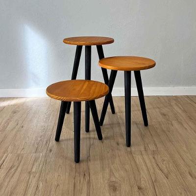 Mesa Lateral Trio de Mesas Redondas com Pé Palito MDF Madeira de Pinus 30CM Carvalho e Preto