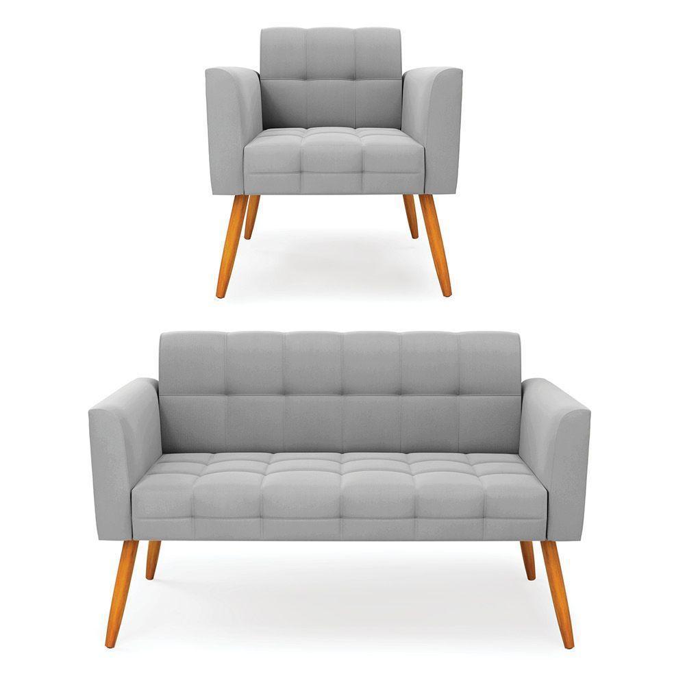 Kit 1 Sofá Namoradeira E 1 Poltrona Elisa Suede Cinza Pés Palito Castanho - D'rossi - 1