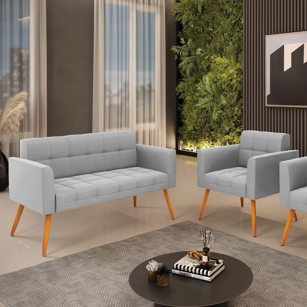 Kit 1 Sofá Namoradeira E 1 Poltrona Elisa Suede Cinza Pés Palito Castanho - D'rossi - 2