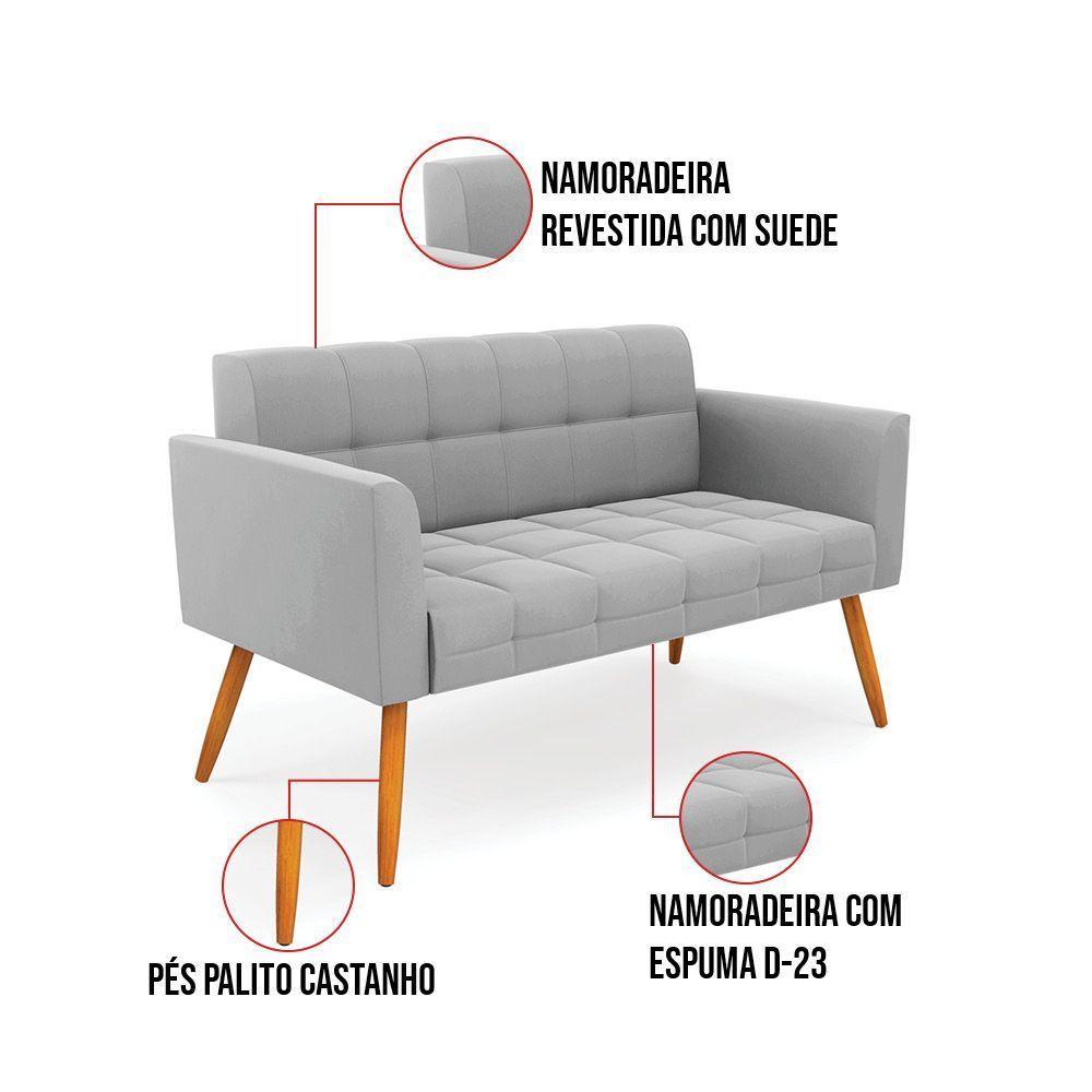 Kit 1 Sofá Namoradeira E 1 Poltrona Elisa Suede Cinza Pés Palito Castanho - D'rossi - 5