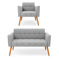 Kit 1 Sofá Namoradeira E 1 Poltrona Elisa Suede Cinza Pés Palito Castanho - D'rossi - 1