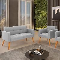 Kit 1 Sofá Namoradeira E 1 Poltrona Elisa Suede Cinza Pés Palito Castanho - D'rossi - 2