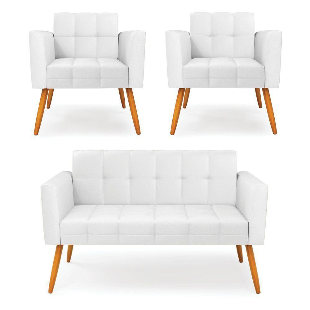 Kit 1 Sofá Namoradeira E 2 Poltronas Elisa Corino Branco Pés Palito Castanho - D'rossi - 1