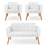 Kit 1 Sofá Namoradeira E 2 Poltronas Elisa Corino Branco Pés Palito Castanho - D'rossi - 1