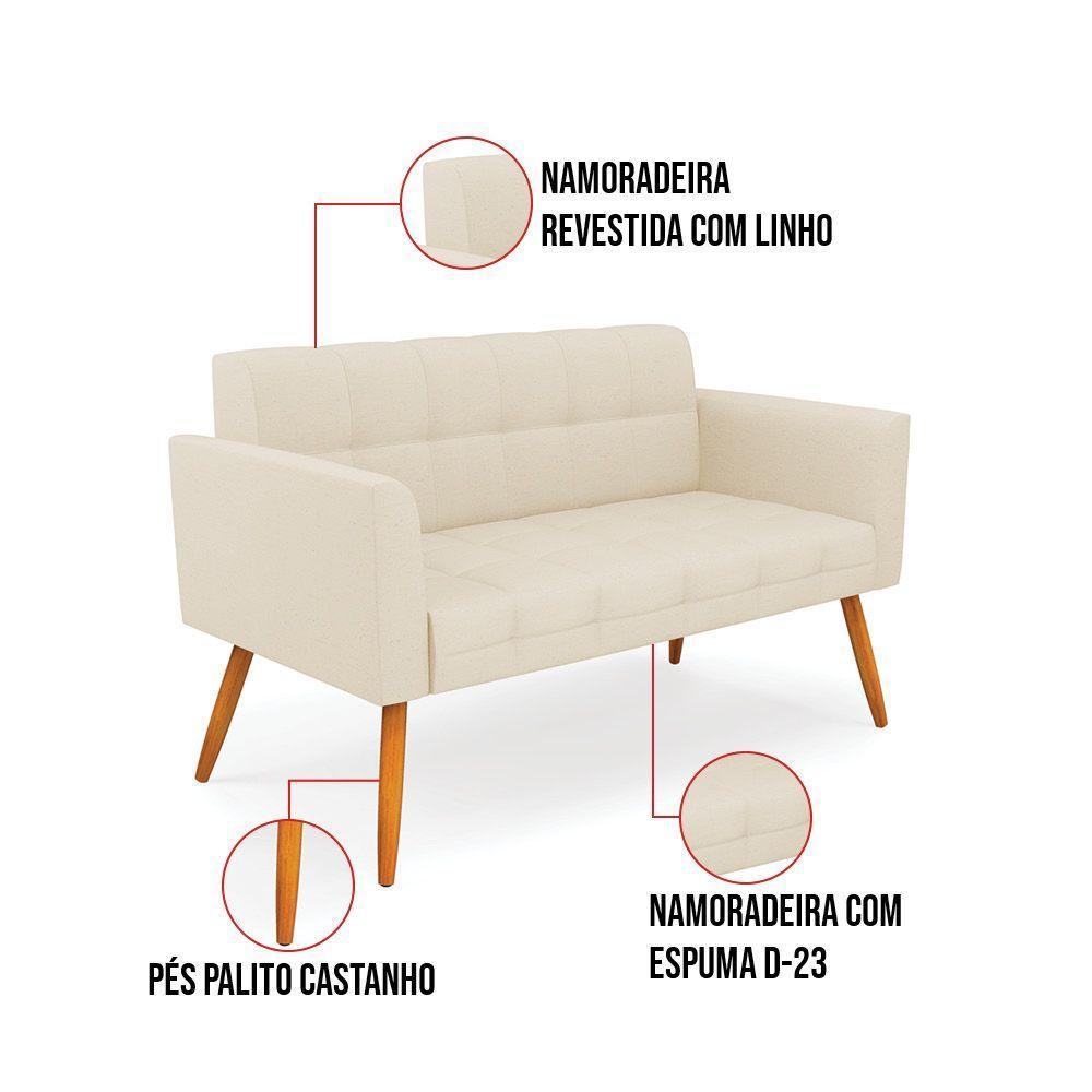 Kit 1 Sofá Namoradeira E 1 Poltrona Elisa Linho Bege A19 Pés Palito Castanho - D'rossi - 6