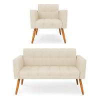 Kit 1 Sofá Namoradeira E 1 Poltrona Elisa Linho Bege A19 Pés Palito Castanho - D'rossi - 1