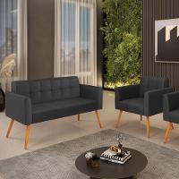 Kit 1 Sofá Namoradeira E 1 Poltrona Elisa Corino Preto Pés Palito Castanho - D'rossi - 5