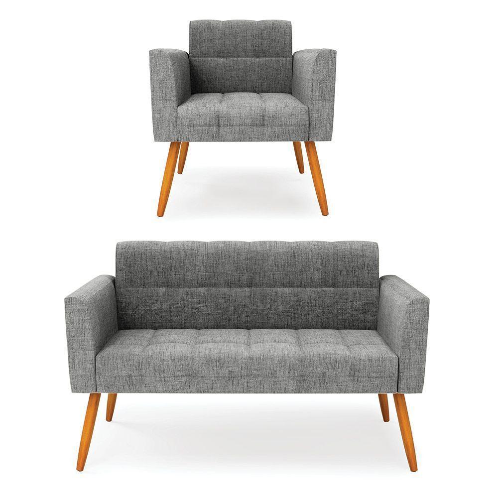 Kit 1 Sofá Namoradeira E 1 Poltrona Elisa Linho Pés Palito Castanho - D'rossi Cor A26 Grafite - 1