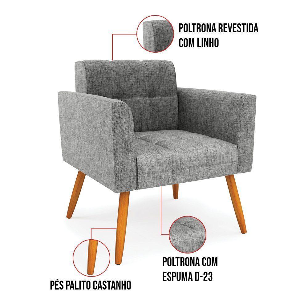 Kit 1 Sofá Namoradeira E 1 Poltrona Elisa Linho Pés Palito Castanho - D'rossi Cor A26 Grafite - 4