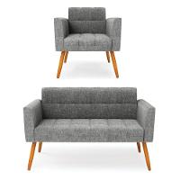 Kit 1 Sofá Namoradeira E 1 Poltrona Elisa Linho Pés Palito Castanho - D'rossi Cor A26 Grafite - 1