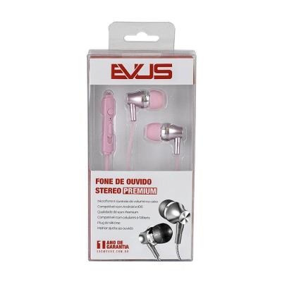 Fone de Ouvido Intra Auricular Evus F09 Premium com Som Stereo 14,2MM e Controle 1,2M Rosa