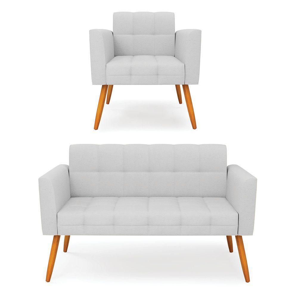 Kit 1 Sofá Namoradeira E 1 Poltrona Elisa Linho Pés Palito Castanho - D'rossi Cor A05 Cinza - 1