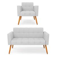 Kit 1 Sofá Namoradeira E 1 Poltrona Elisa Linho Pés Palito Castanho - D'rossi Cor A05 Cinza - 1