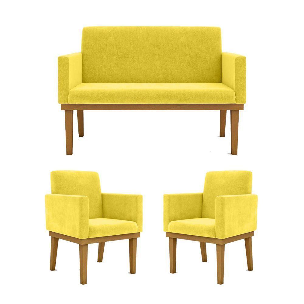 Kit Sofá Com Base Reforçada + 2 Poltronas Sala De Estar Cor:amarelo - 1