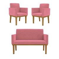 Kit Sofá 2 Lugares + Poltrona Base Suede Sala De Estar Rosa - 7