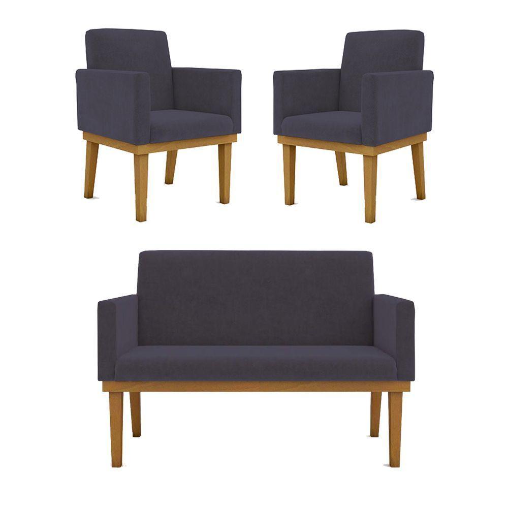 Kit Sofá 2 Lugares + Poltrona Com Base Suede Cinza - 1