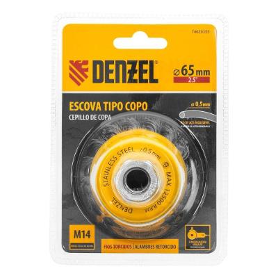 Escova Tipo Copo Inox 75mm Limpeza Pesada e Remoção de Oxidação Fios Ondulados 0,3mm Amarelo Denzel
