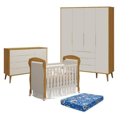 Quarto de Bebê Elfe Retrô 4 Portas 3 Gavetas MDF 120CM Amadeirado com Berço Reller Móveis