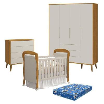 Quarto de Bebê 4 Portas com Cômoda Gaveteiro Elfe Retrô e Berço Americano Danny MDF Colchão Incluso